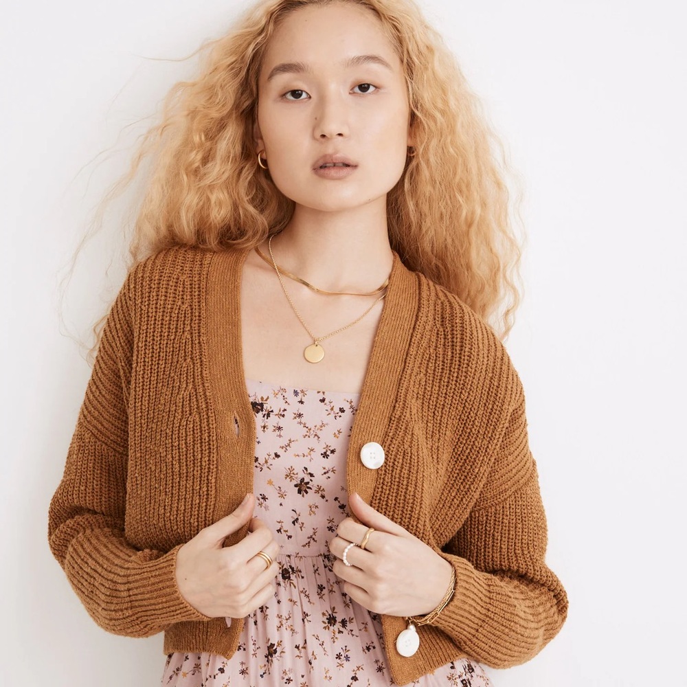 Madewell Cropped Chunky Greywood Cardigan in Camel Brown